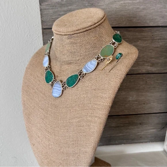 Whitney Kelly Sterling Silver 925 Blue Lace Agate and Chrysoprase Link Necklace - Picture 3 of 10